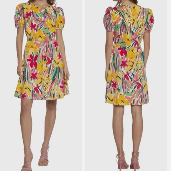 NEW MAGGY LONDON floral printed flutter sleeve dress in jade & golden sz 12 - Picture 2 of 10